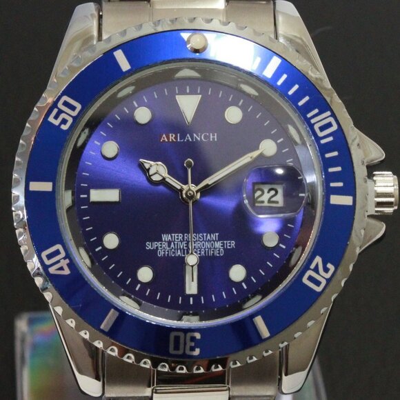 Men's Diver Style Watch Blue Uni-directional Bezel Stainless Bracelet 40mm - Picture 9 of 14